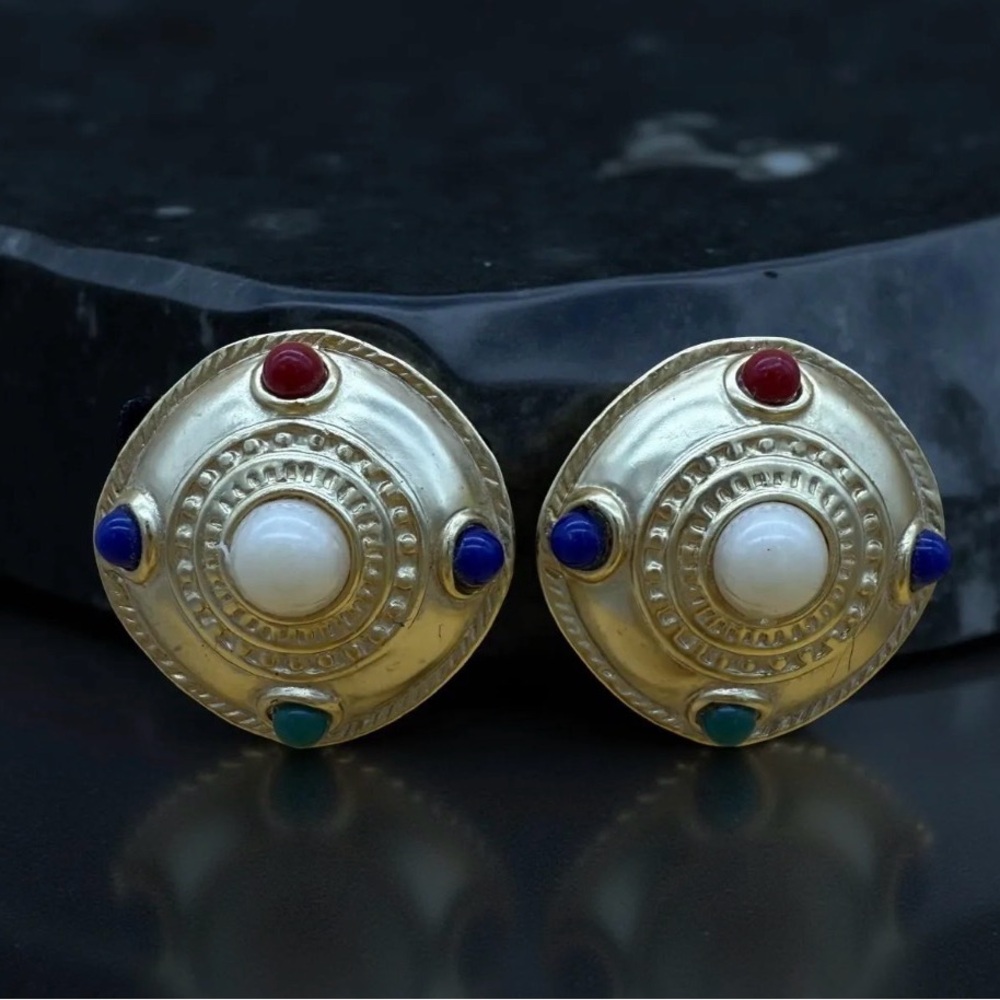 Vintage Gold-Tone Multi Stone Dome Clip on Earrings